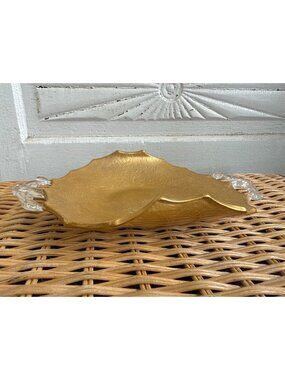 Vintage 1950s Glastonbury Lotus 22k Floral Gold Etched Glass Candy Dish Tray